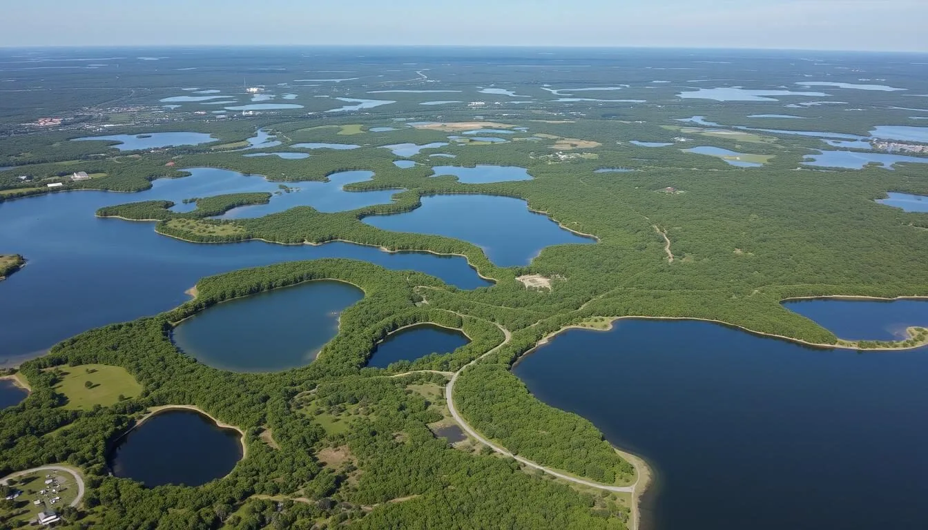 Aerial view of Highlands County Florida showing multiple lakes and natural landscapes on a sunny day