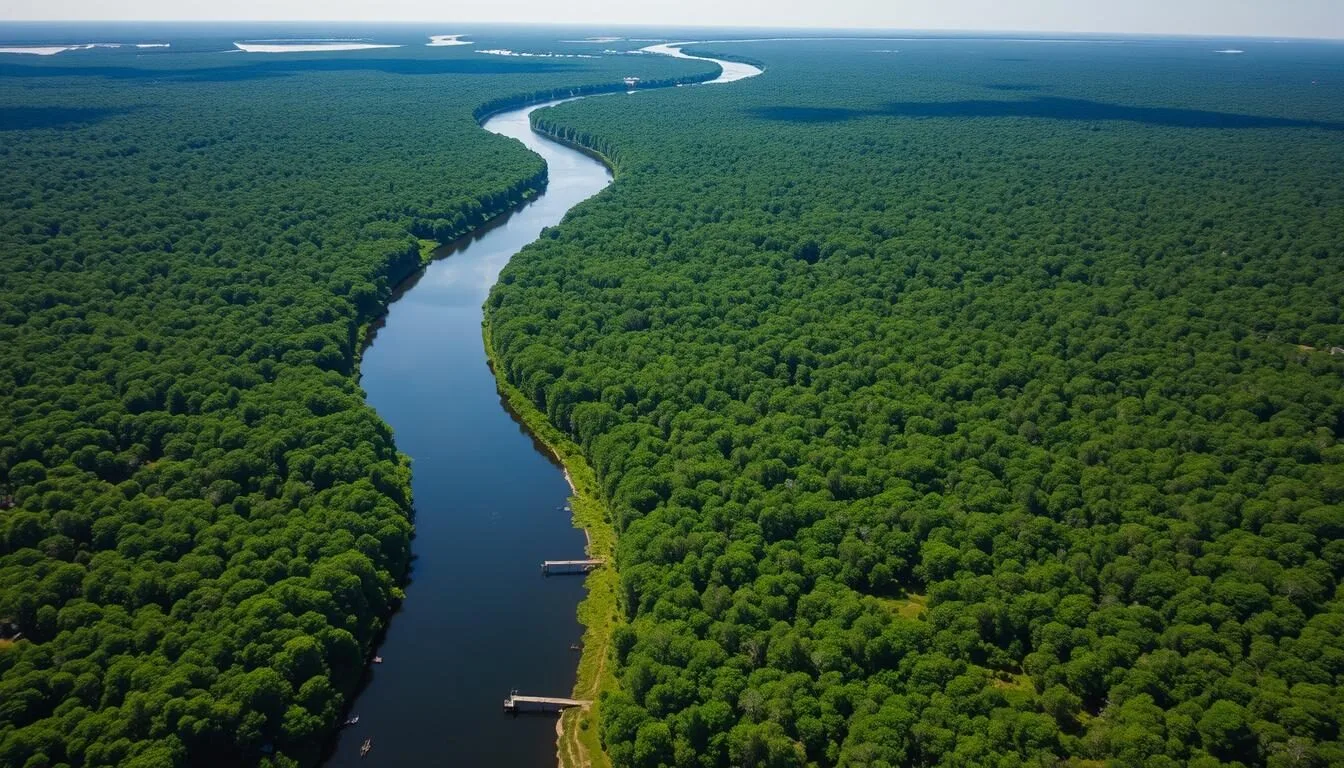Aerial view of Holmes County, Florida showing the Choctawhatchee River winding through lush green forests