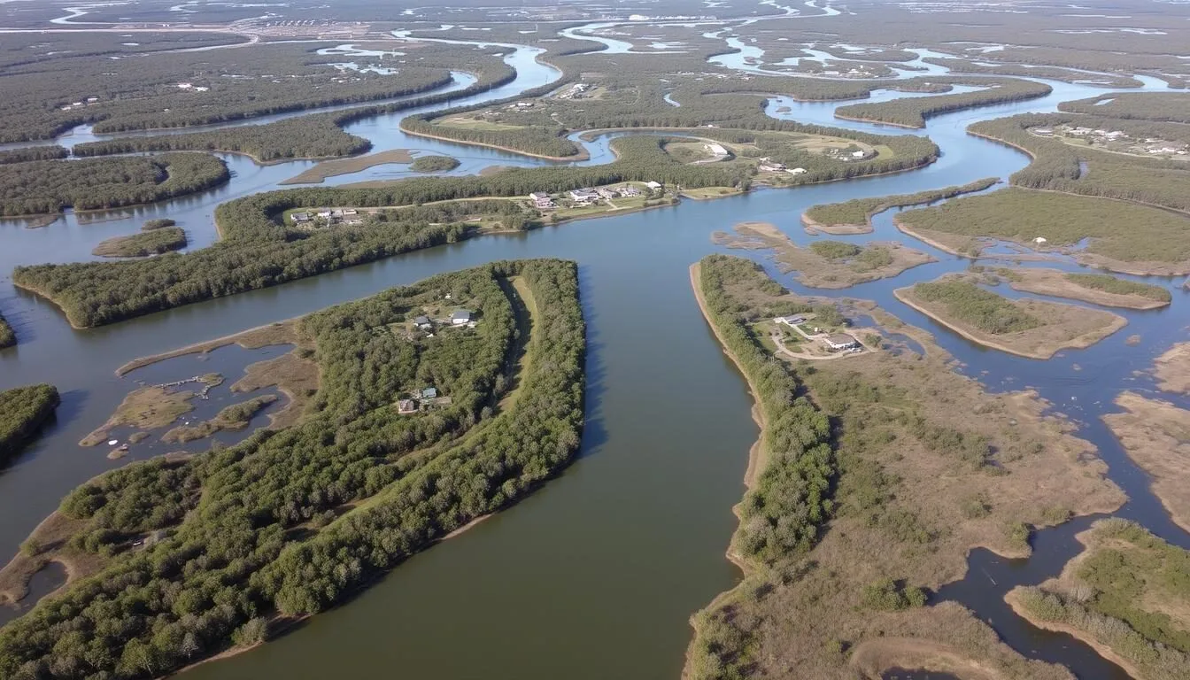 Aerial view of Houma, Louisiana bayous with cypress trees and waterways on a sunny day