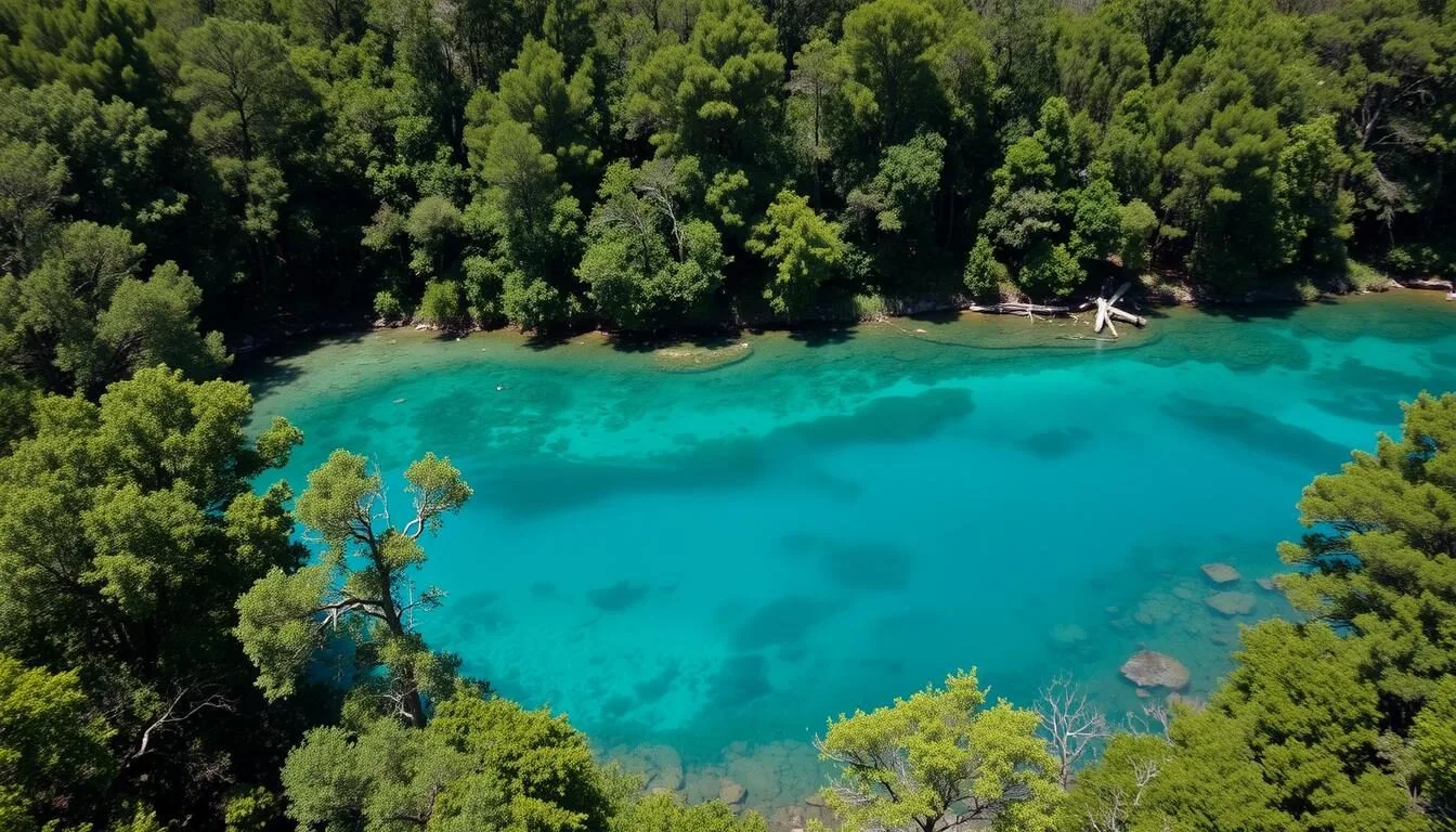Aerial view of Ichetucknee Springs in Columbia County, Florida with crystal clear blue water surrounded by lush green forest