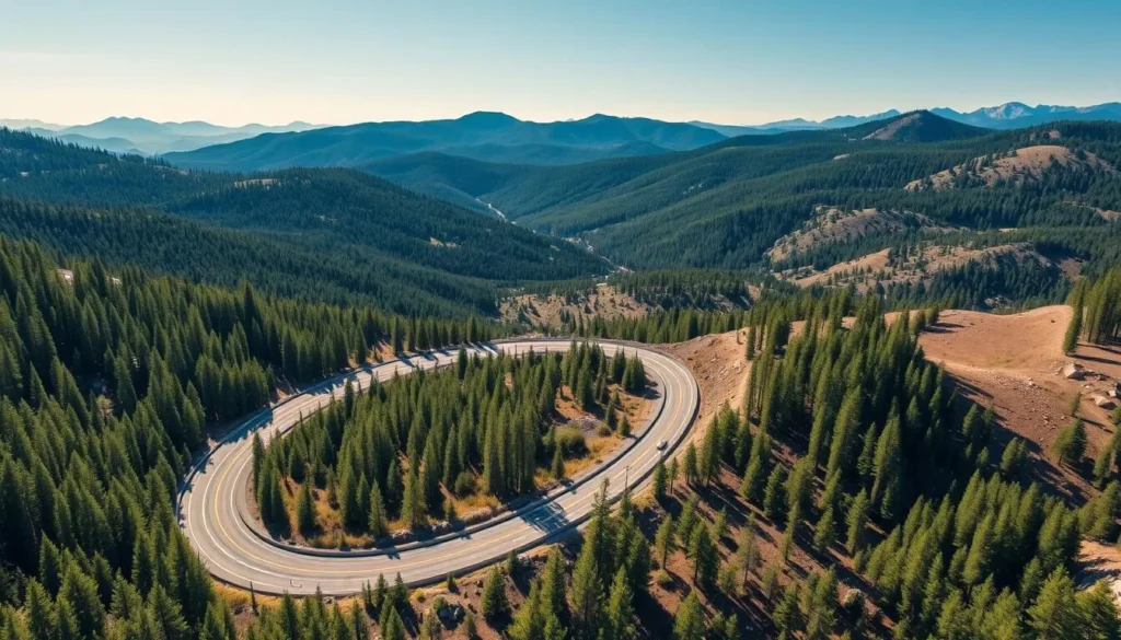 Aerial view of Interstate 80 winding through the forested Sierra Nevada mountains in Placer County Aerial view of Interstate 80 winding through the forested Sierra Nevada mountains in Placer County
