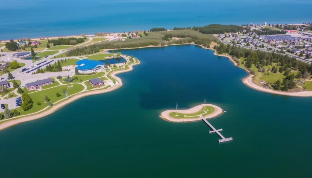 Aerial view of Island Lake and surrounding park area Aerial view of Island Lake and surrounding park area
