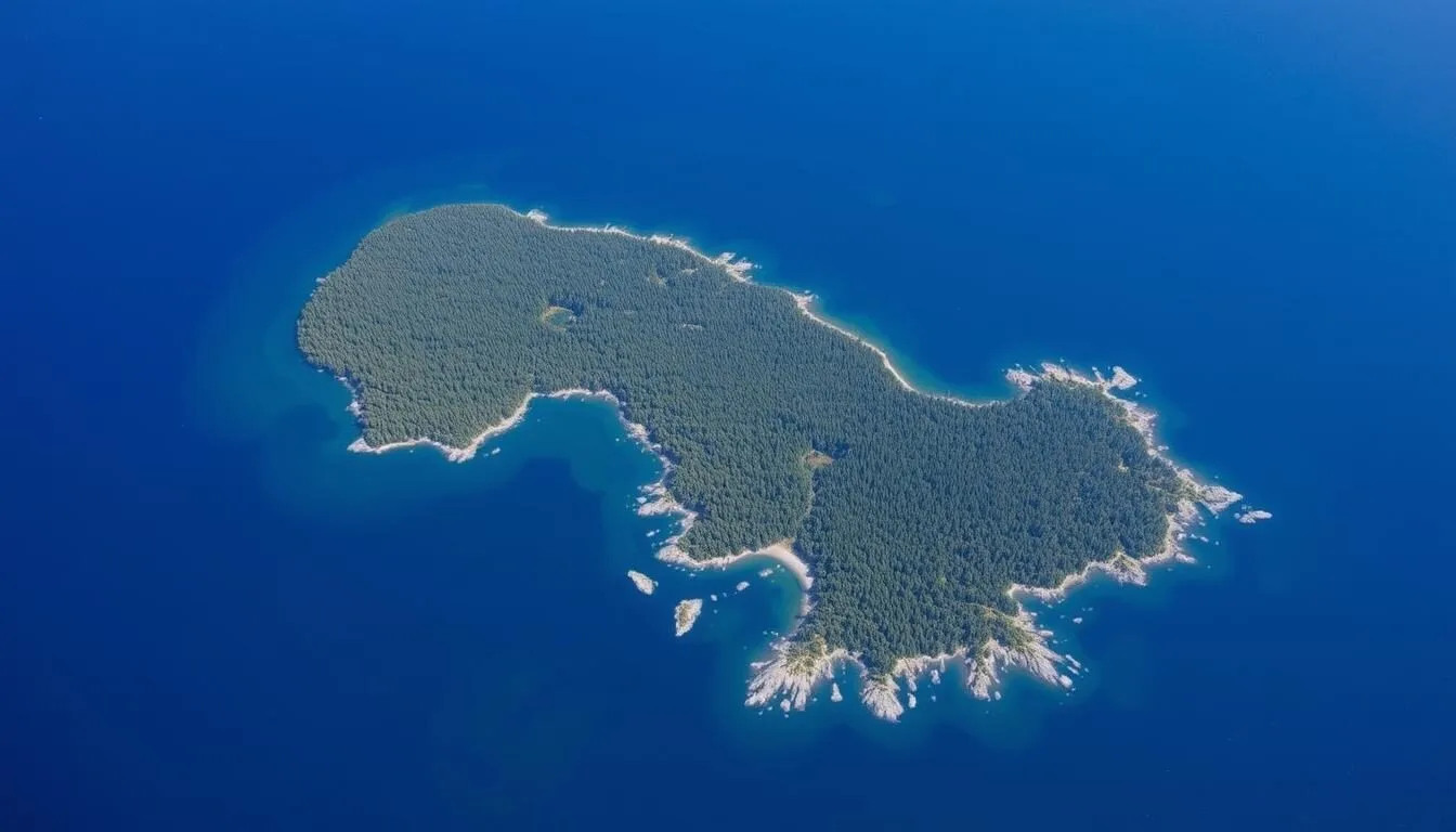 Aerial view of Isle Royale National Park, Michigan showing the main island surrounded by Lake Superior's blue waters