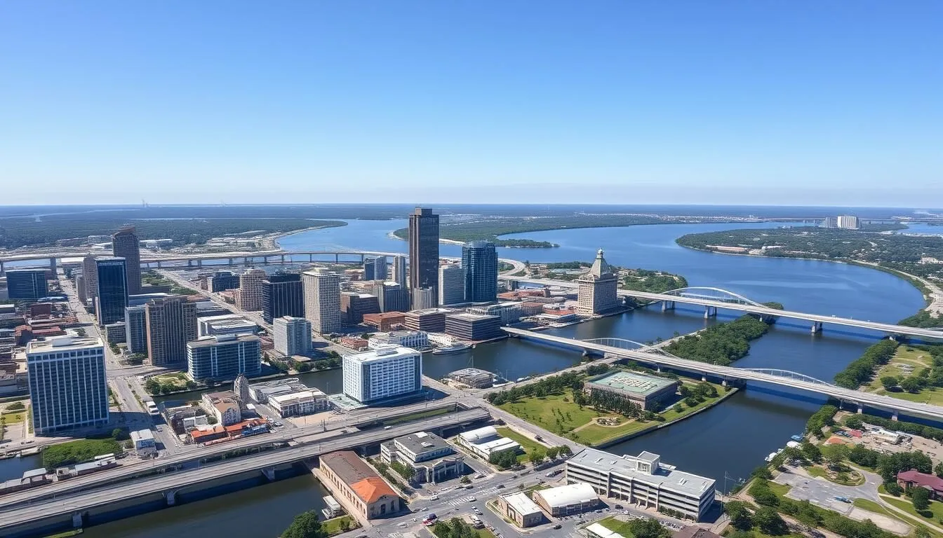 Aerial view of Jacksonville's skyline and St. Johns River in Duval County, Florida
