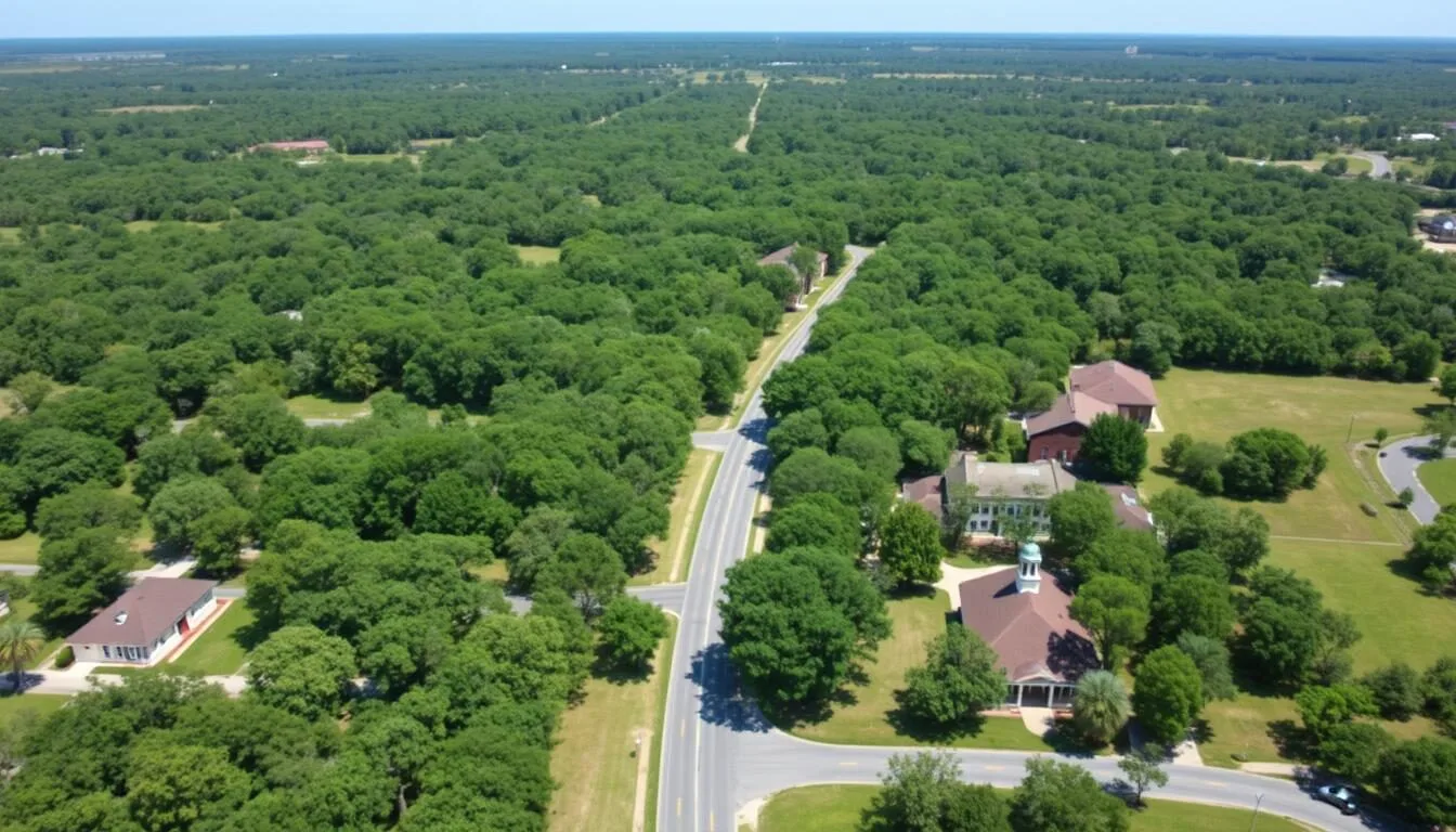 Aerial view of Jefferson County, Florida showing lush green canopy roads and historic buildings