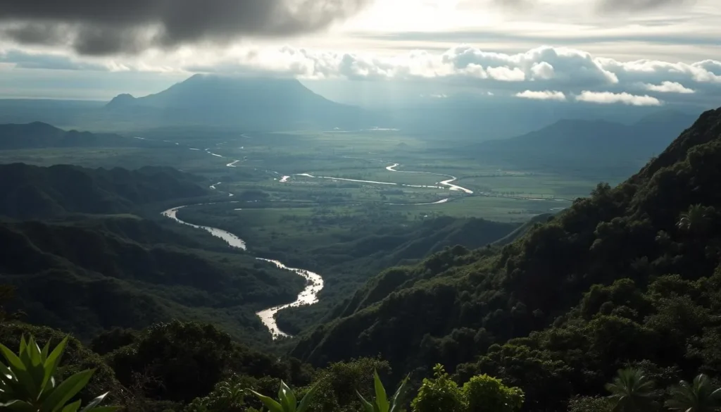 Aerial view of Kauai's diverse rainfall patterns, with lush tropical foliage and rolling hills in the foreground. Soft, diffused lighting illuminates the scene, casting gentle shadows and highlighting the intricate textures of the vegetation. In the middle ground, winding streams and rivers snake through the landscape, reflecting the ever-changing precipitation levels across the island. The background features a panoramic vista of Kauai's iconic mountains, their peaks shrouded in wispy clouds that suggest the island's dynamic meteorological conditions. The overall atmosphere conveys a sense of tranquility and the natural rhythms of the Hawaiian environment.