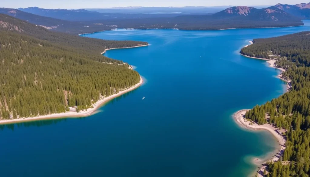 Aerial view of Lake Almanor showing its expansive blue waters surrounded by forests and mountains with boats on the water Aerial view of Lake Almanor showing its expansive blue waters surrounded by forests and mountains with boats on the water