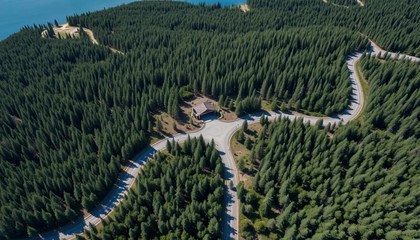 Aerial view of Lake Bemidji State Park with winding roads leading to the entrance on a clear summer day