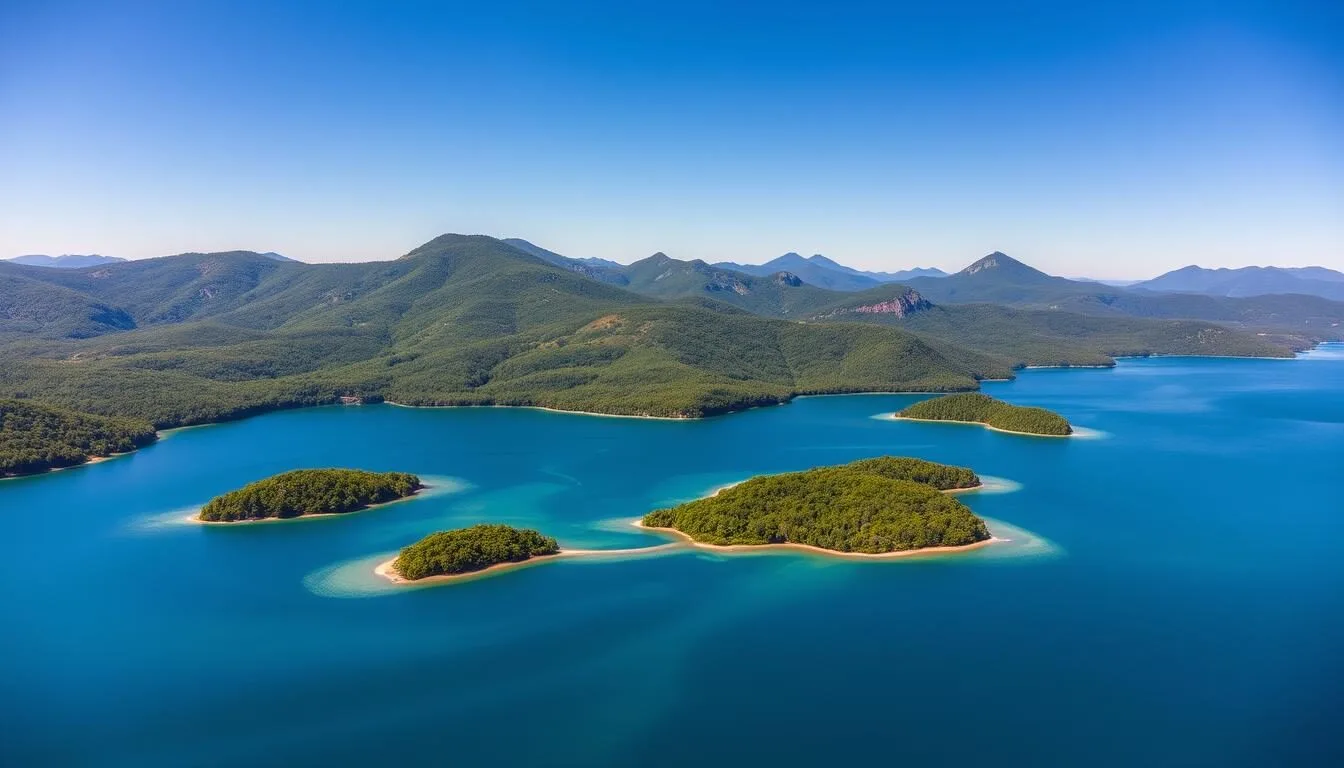 Aerial view of Lake George in Warren County, NY showing crystal clear waters, surrounding mountains, and several small islands