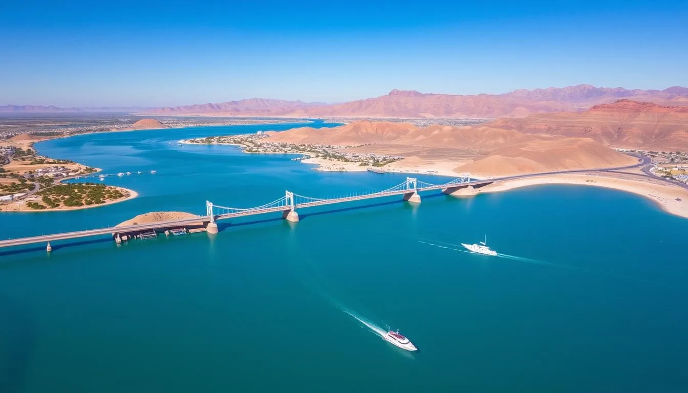 Aerial view of Lake Havasu City showing the London Bridge and surrounding waterways on a sunny day
