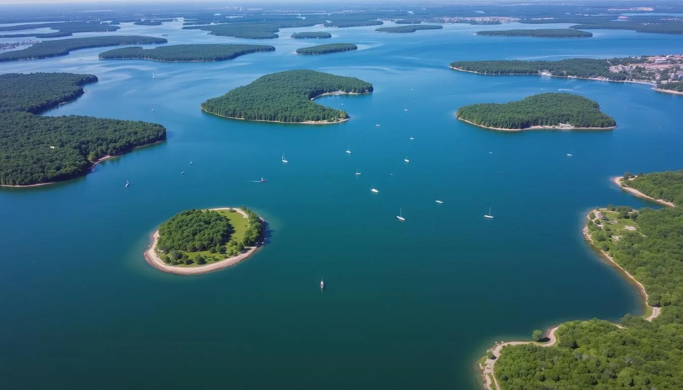Aerial view of Lake Minnetonka showing its interconnected bays and channels on a sunny summer day