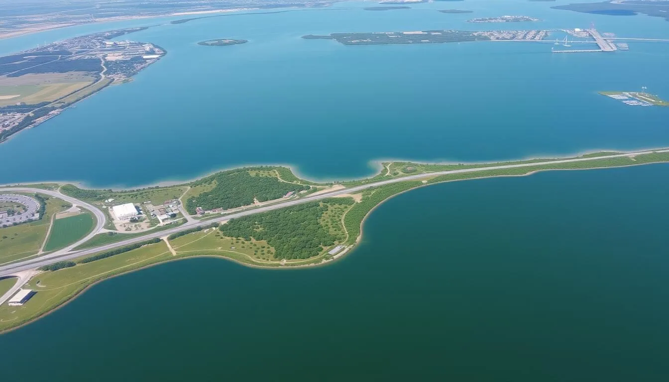 Aerial view of Lake Okeechobee with surrounding landscape and highways leading to Okeechobee County, Florida