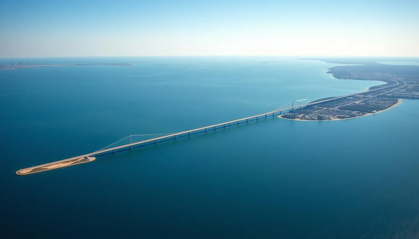 Aerial view of Lake Pontchartrain, Louisiana with the Causeway Bridge stretching across the water on a clear sunny day