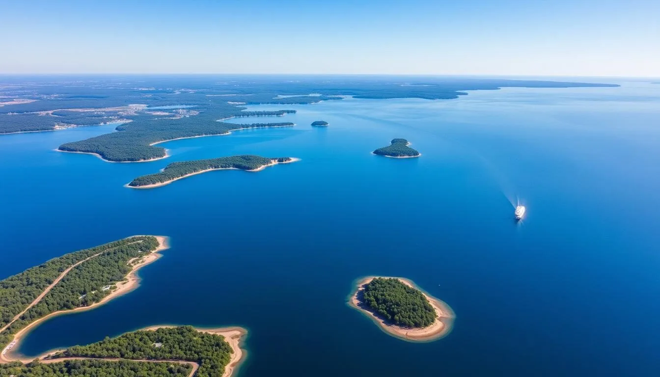 Aerial view of Lake Texoma, Oklahoma showing the vast reservoir with its winding shoreline and blue waters on a sunny day