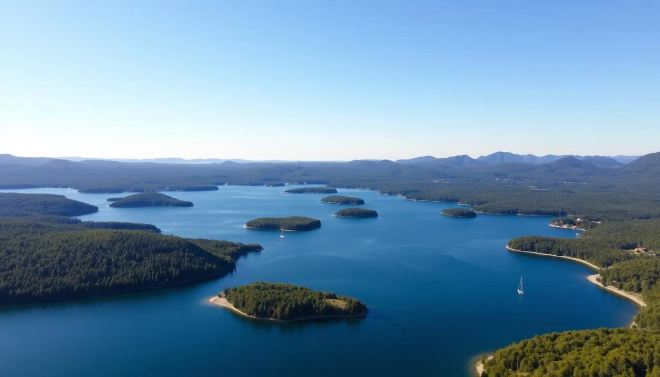 Aerial view of Lake Winnipesaukee with its numerous islands and surrounding mountains on a clear summer day
