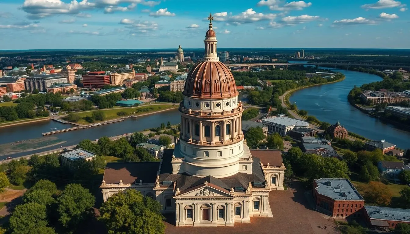 Aerial view of Lansing Michigan with the Capitol Building dome and Grand River