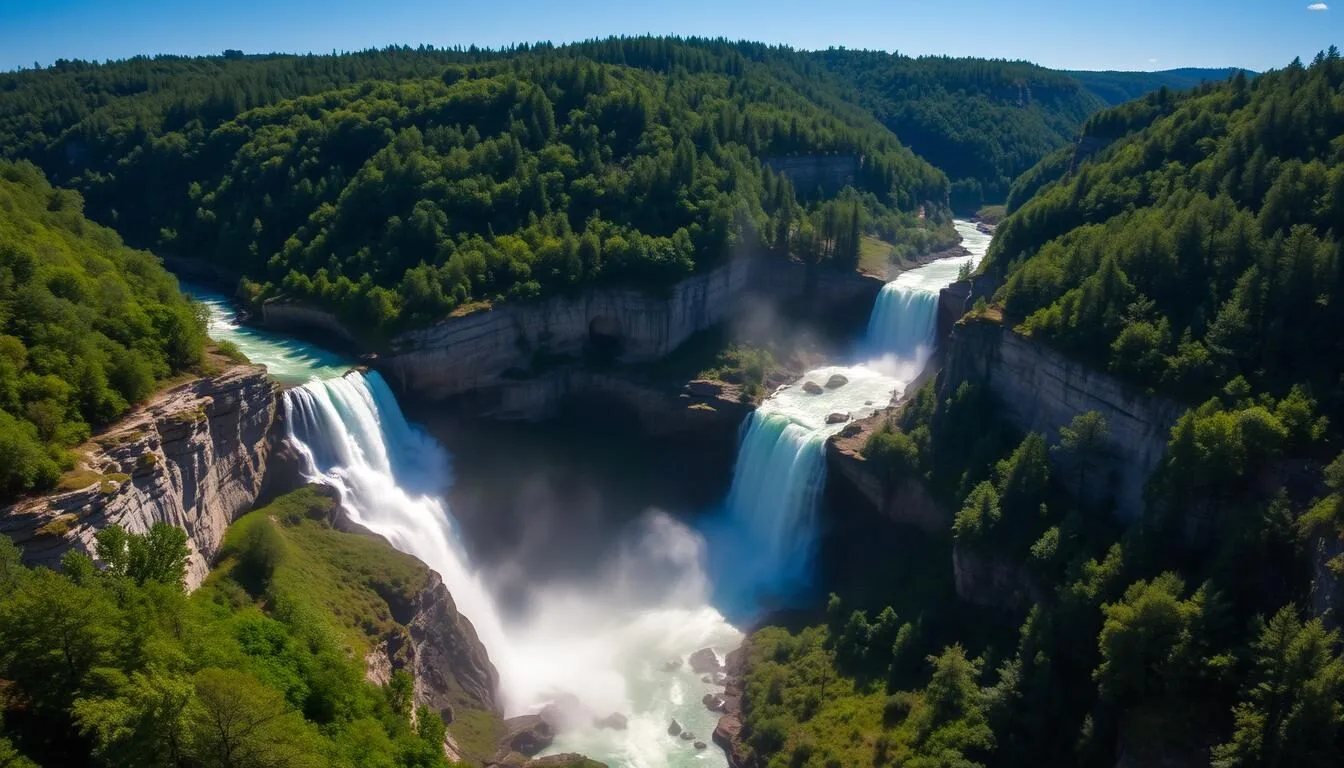 Aerial view of Letchworth State Park's Middle Falls in Wyoming County, New York
