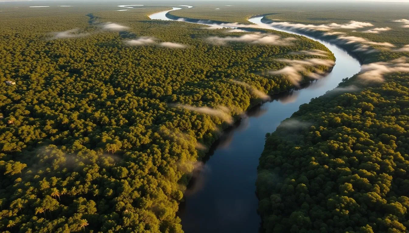 Aerial view of Liberty County Florida showing the Apalachicola River winding through lush green forests