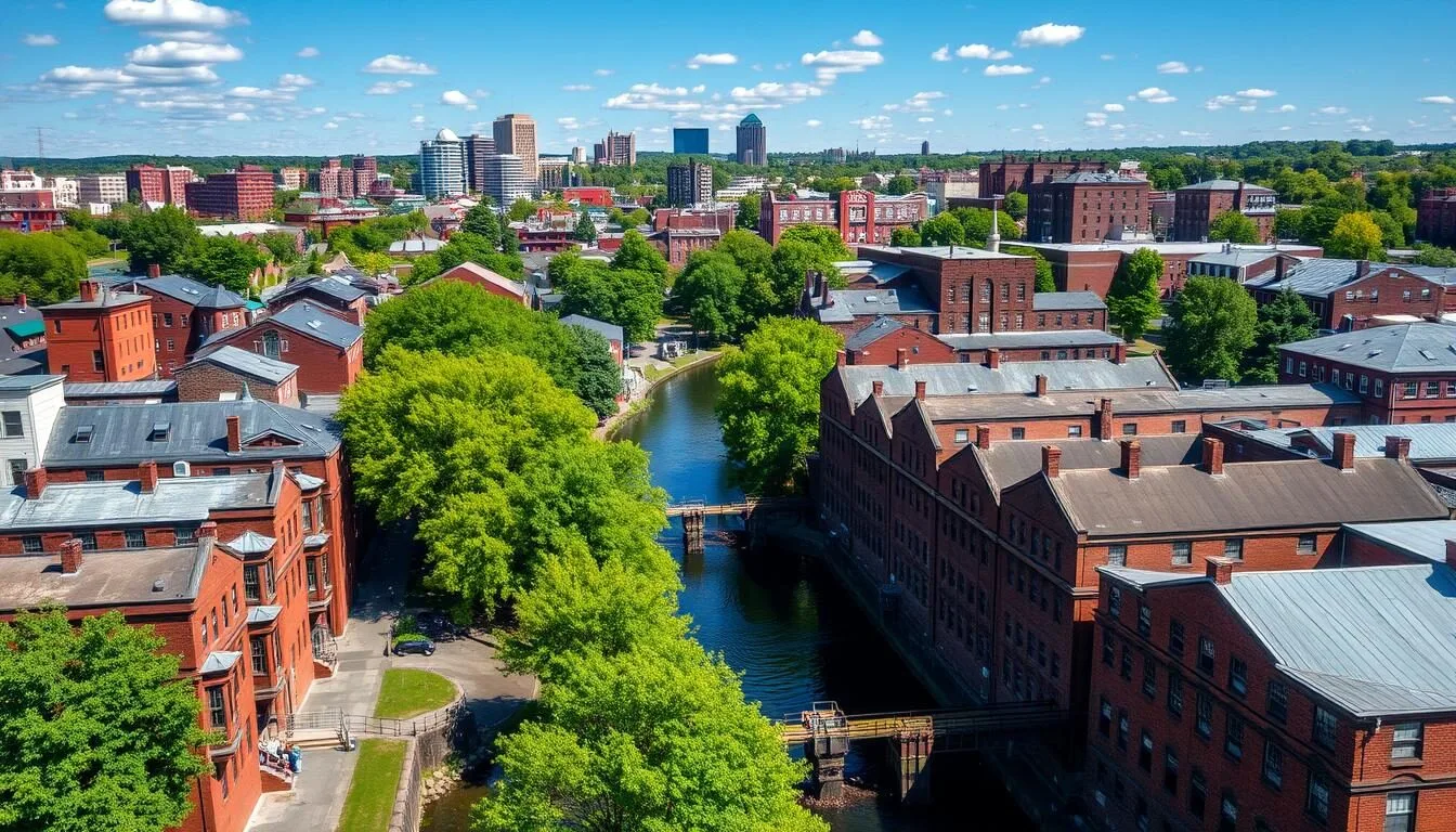 Aerial view of Lowell, Massachusetts showing the historic mills and Merrimack River on a sunny day