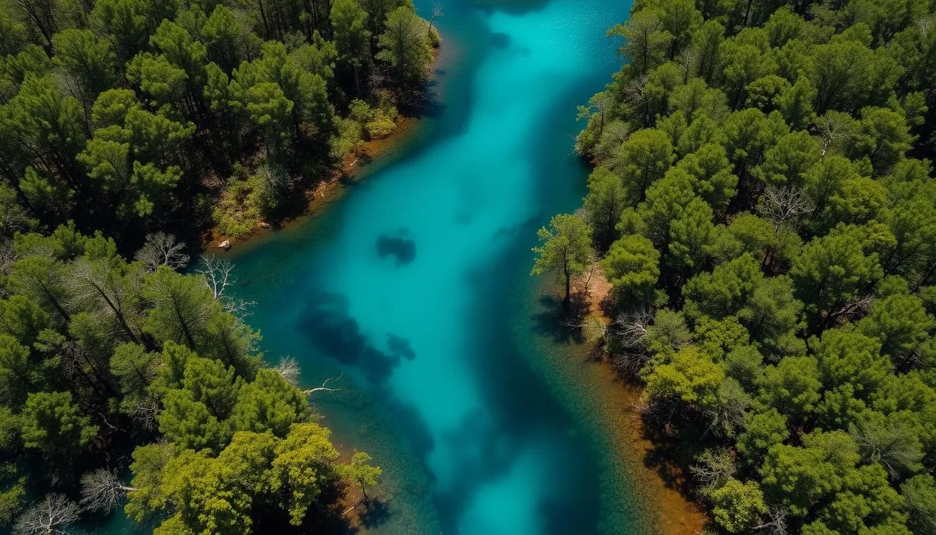 Aerial view of Madison Blue Spring State Park in Madison County Florida, showing crystal clear blue waters surrounded by lush green forest