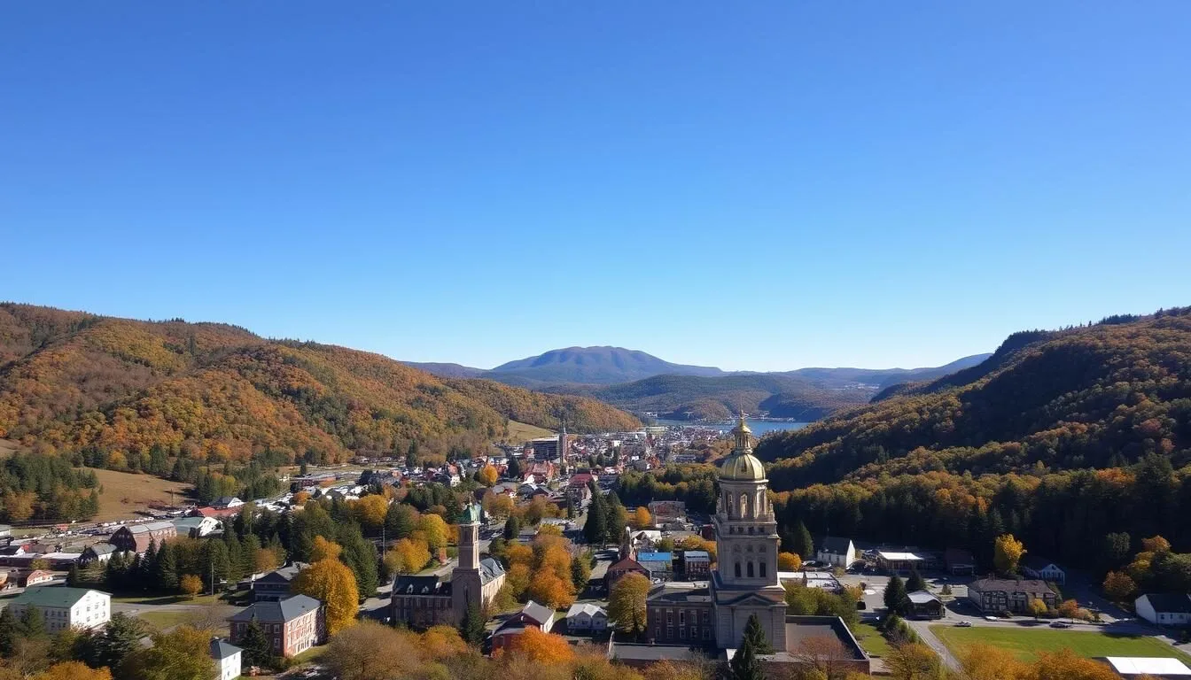 Aerial view of Manchester Vermont with Mount Equinox in the background on a sunny day
