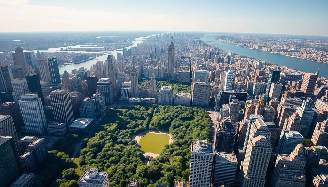 Aerial view of Manhattan skyline showing the iconic New York City landscape with Central Park, skyscrapers, and the Hudson River on a sunny day