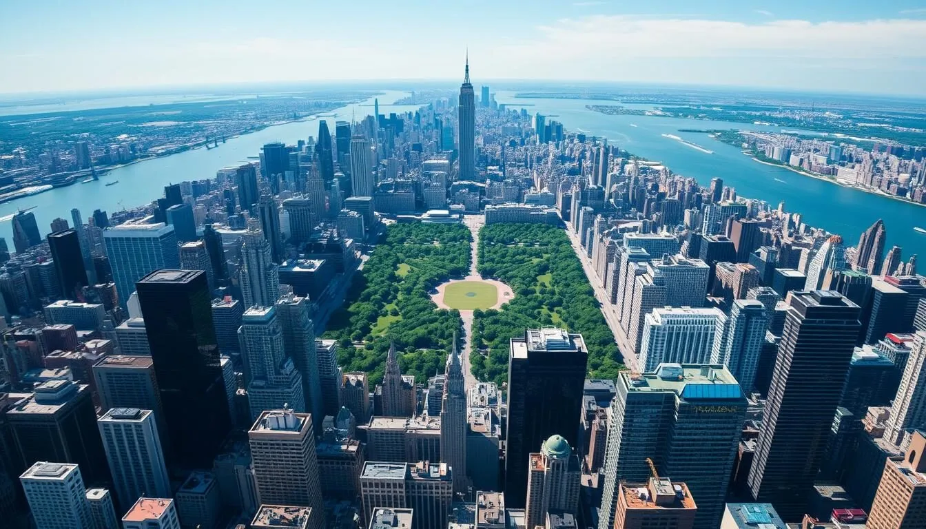 Aerial view of Manhattan skyline with Central Park in the center on a sunny day