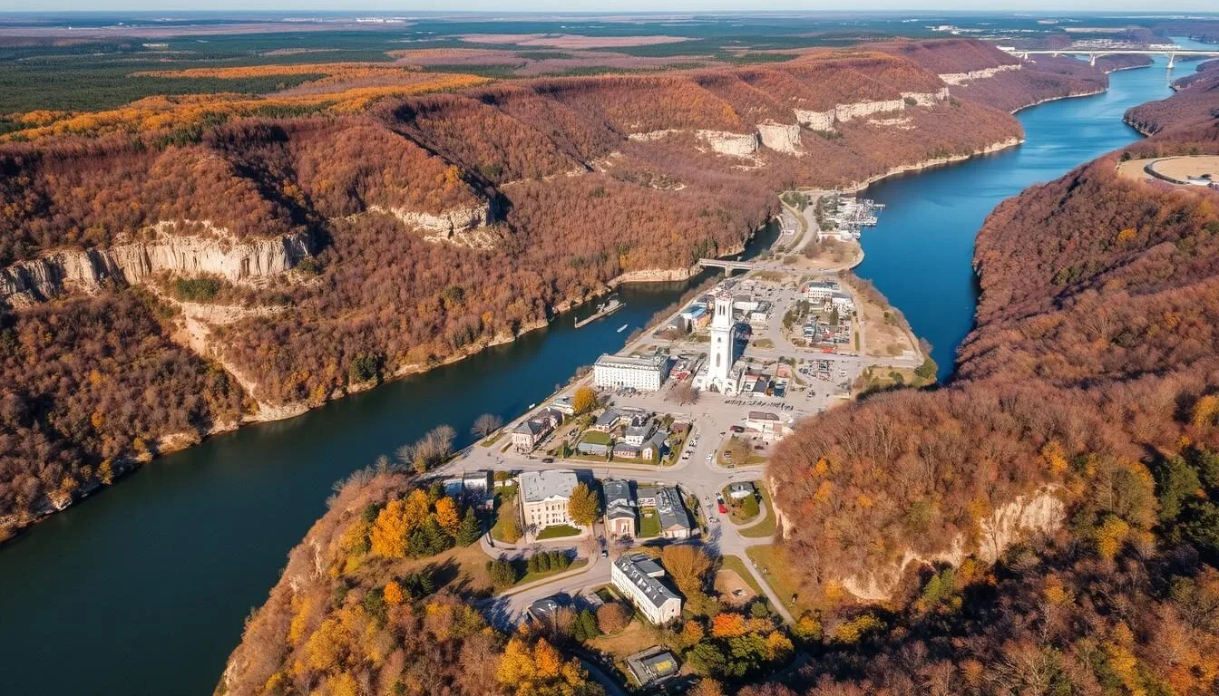 Aerial-view-of-Marquette-Iowa-along-the-Mississippi-River-with-bluffs-and-scenic-landscape Aerial view of Marquette Iowa along the Mississippi River with bluffs and scenic landscape