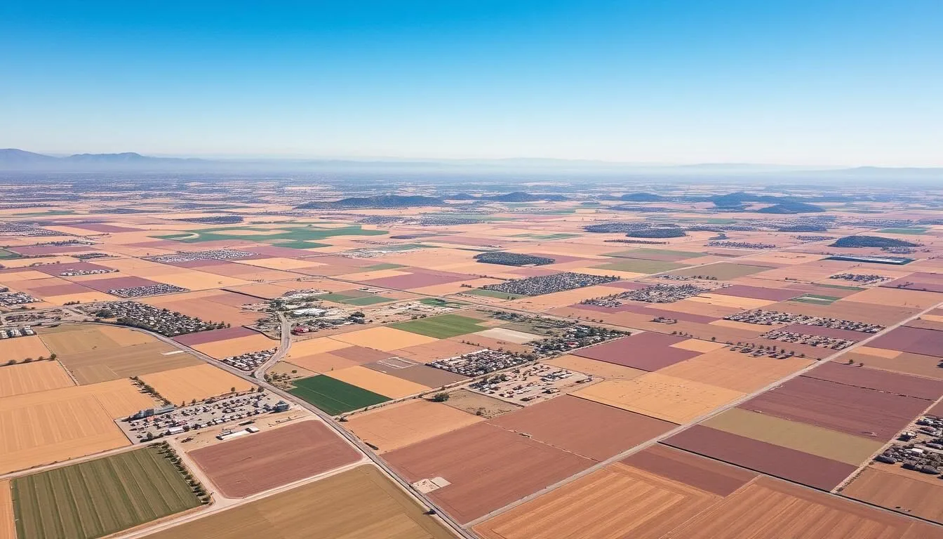 Aerial view of Merced County California landscape showing agricultural fields and mountains in the distance