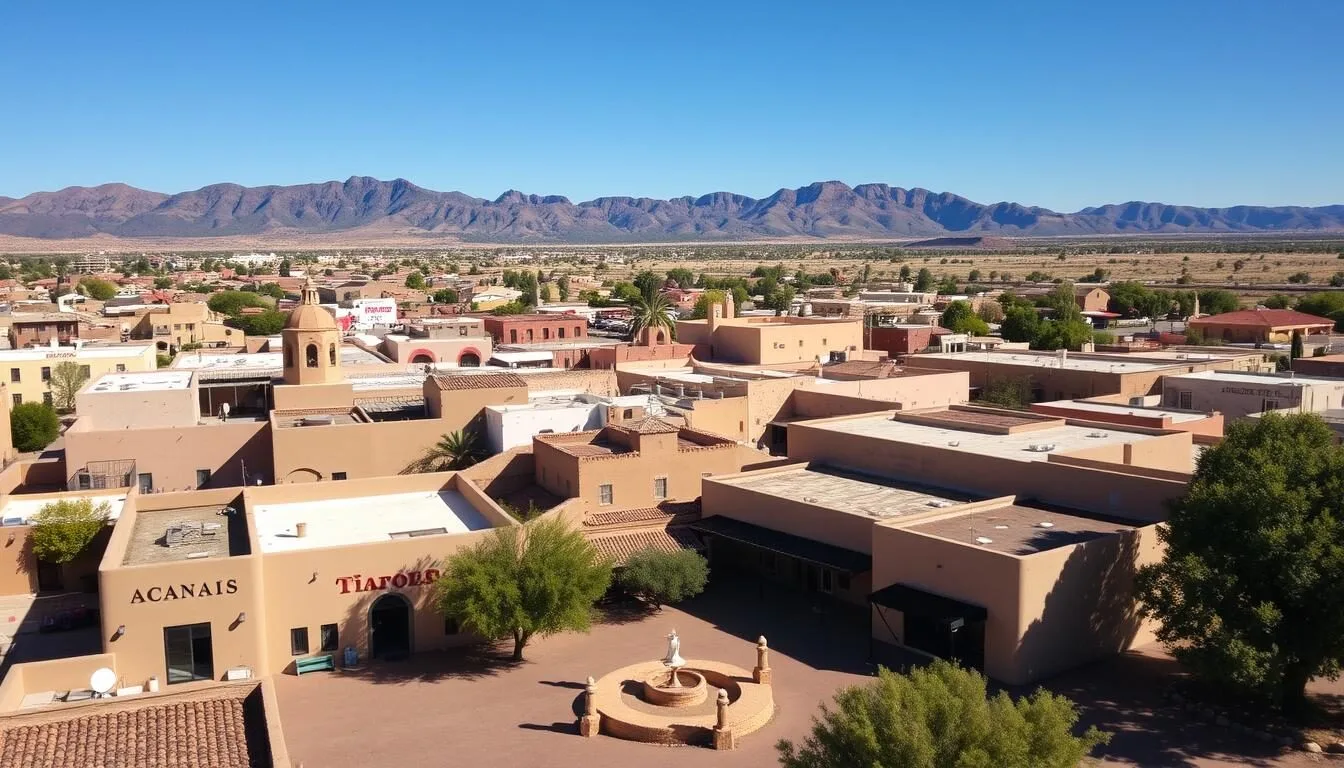 Aerial view of Mesilla, New Mexico with mountains in the background