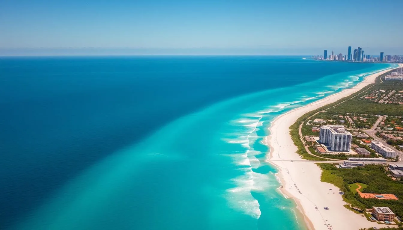 Aerial view of Miami-Dade County coastline with turquoise waters and white sand beaches