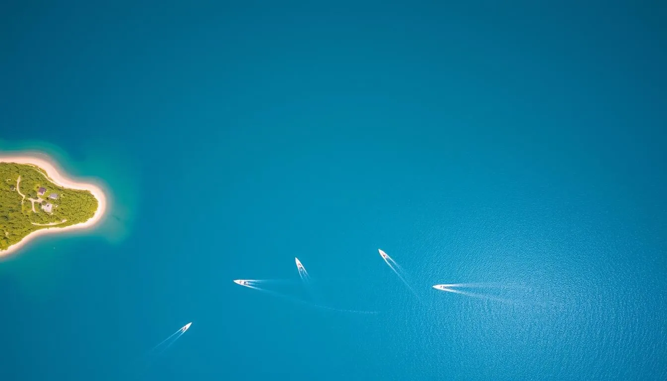Aerial view of Mille Lacs Lake Minnesota showing its vast 132,000-acre expanse with boats dotting the blue waters and green shoreline