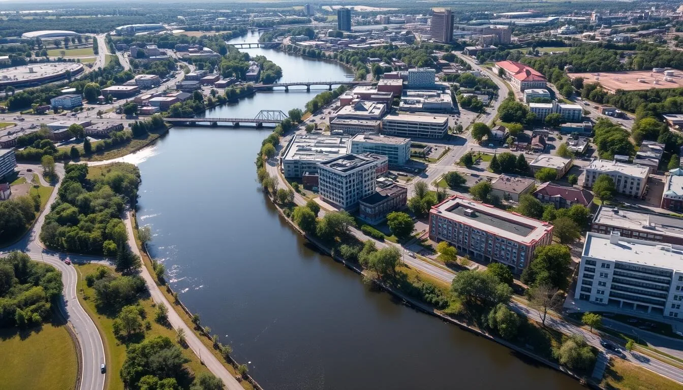Aerial view of Monroe, Louisiana showing the Ouachita River winding through the city with downtown buildings visible on a sunny day