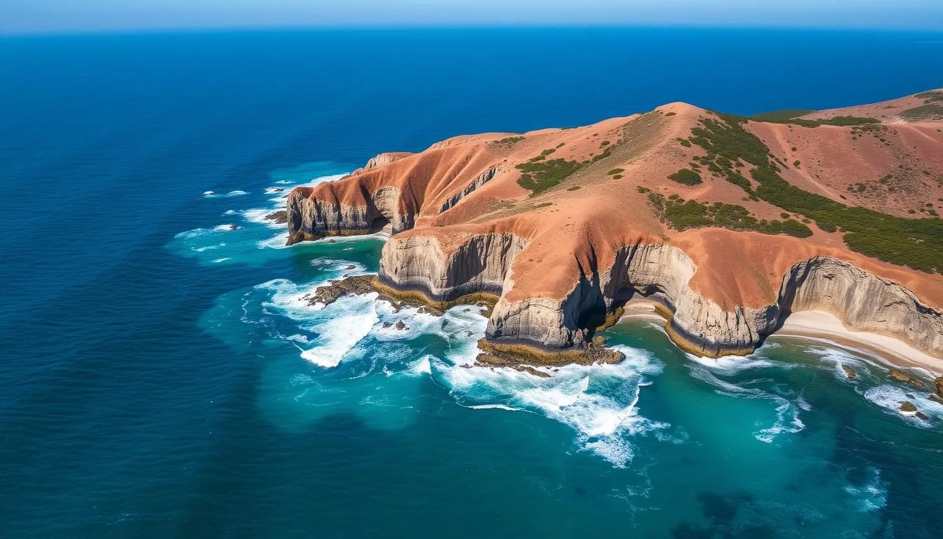 Aerial view of Monterey County coastline showing dramatic cliffs and turquoise waters on a sunny day