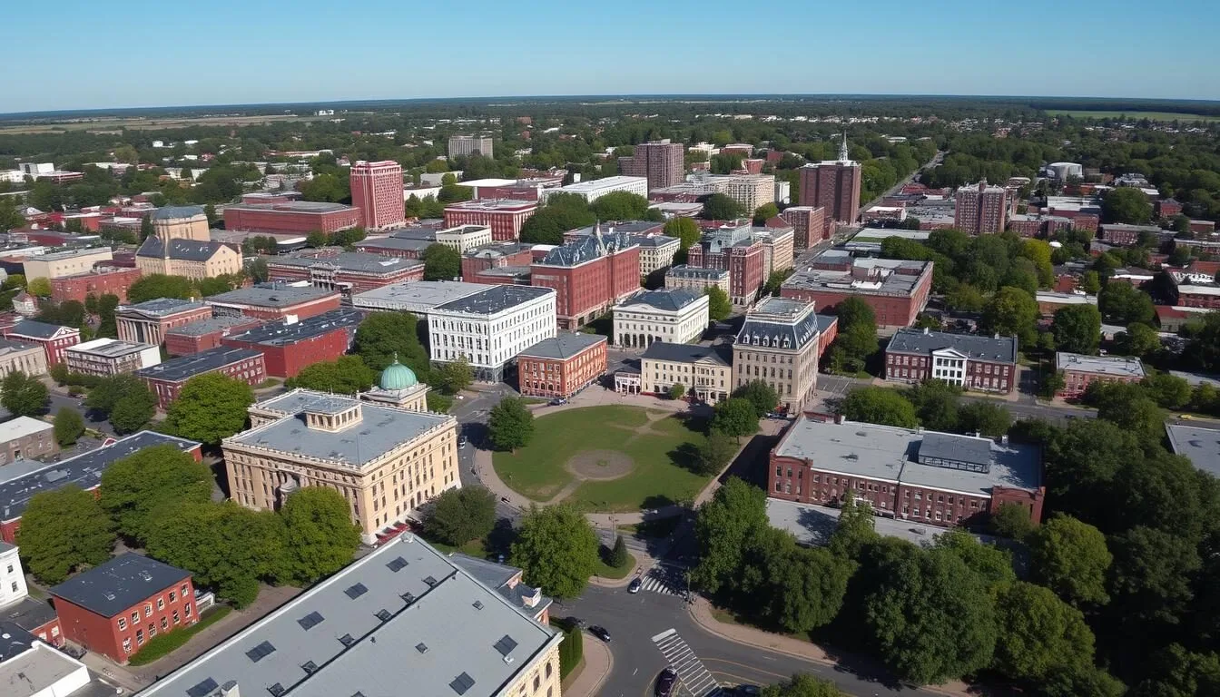 Aerial view of Morristown, New Jersey showing the historic downtown area on a sunny day with the Morristown Green at its center