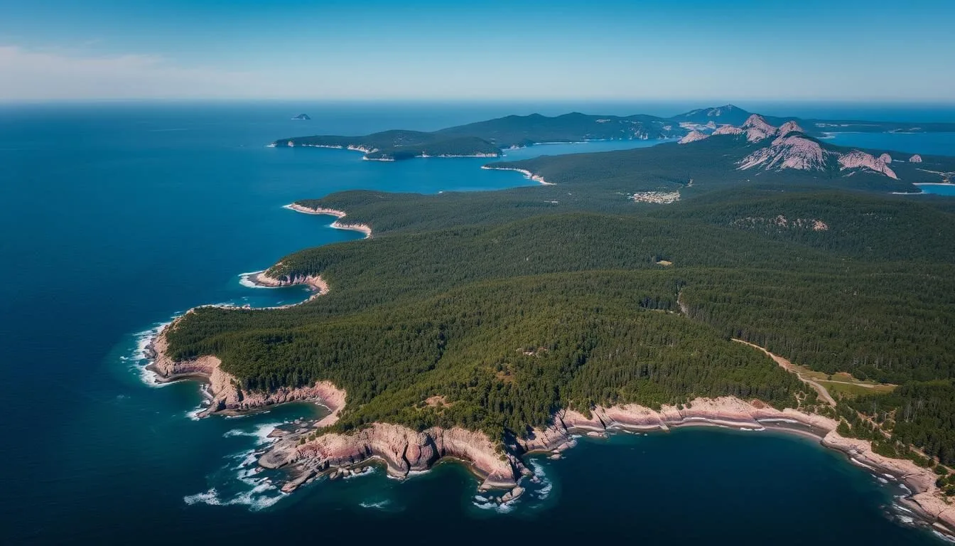 Aerial view of Mount Desert Island and Acadia National Park coastline on a clear summer day