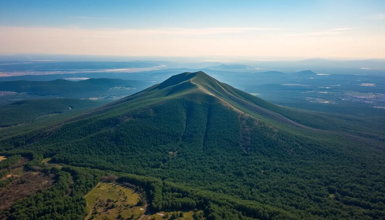 Aerial view of Mount Monadnock rising above the surrounding New Hampshire landscape on a clear sunny day