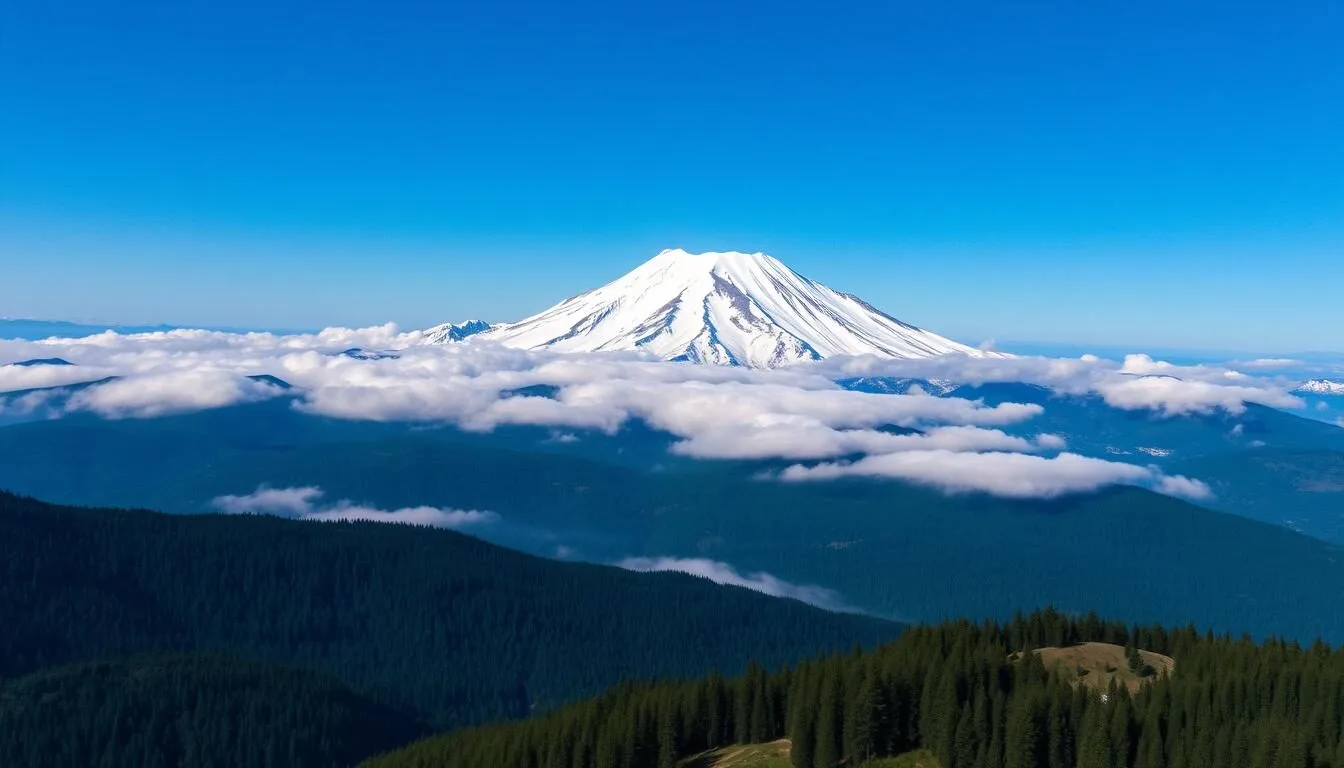 Aerial view of Mount Shasta with snow-capped peak rising above the clouds in Shasta County, California