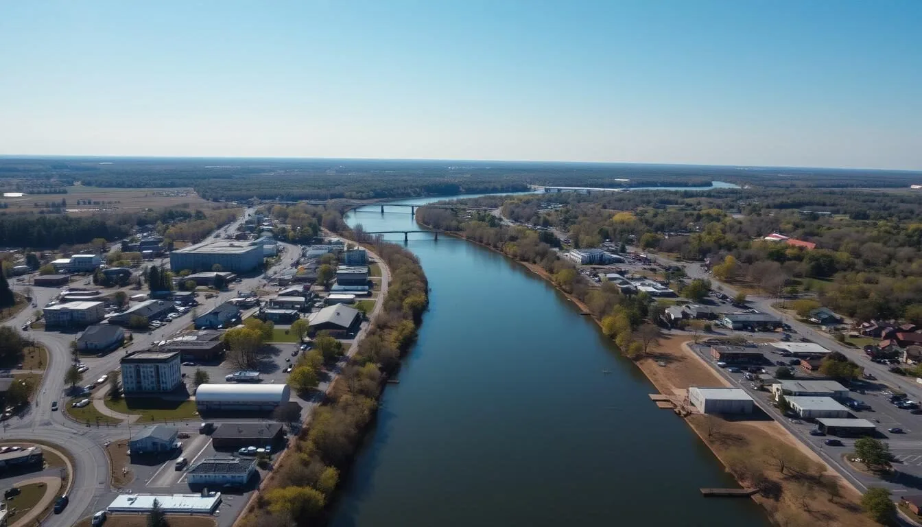 Aerial view of Muscle Shoals Alabama with Tennessee River and music studios