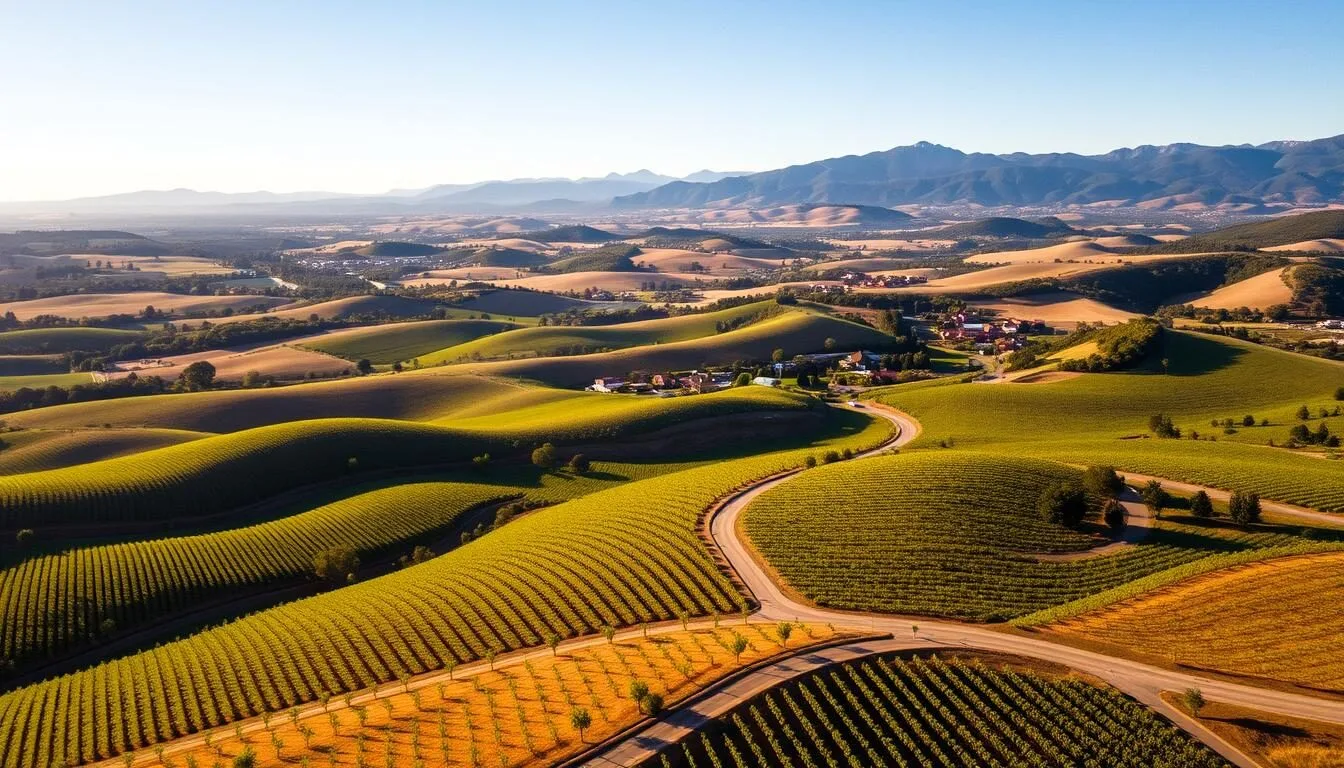 Aerial view of Napa Valley vineyards with mountains in the background on a sunny day