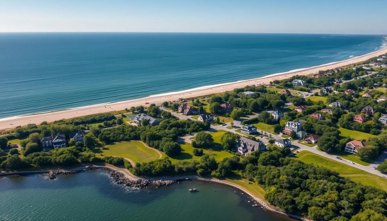 Aerial view of Nassau County New York things to do including beaches and historic sites