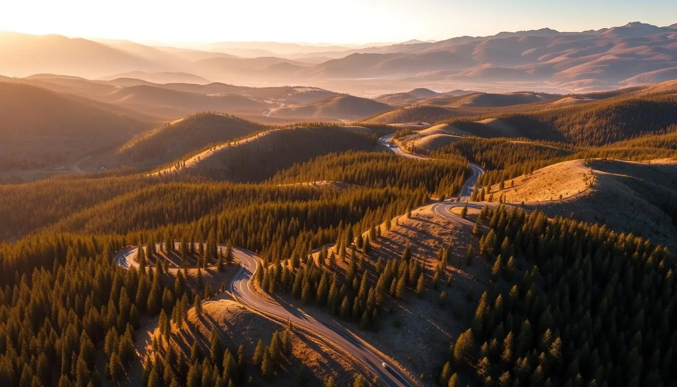 Aerial view of Nevada County California landscape showing winding roads through pine forests and rolling hills