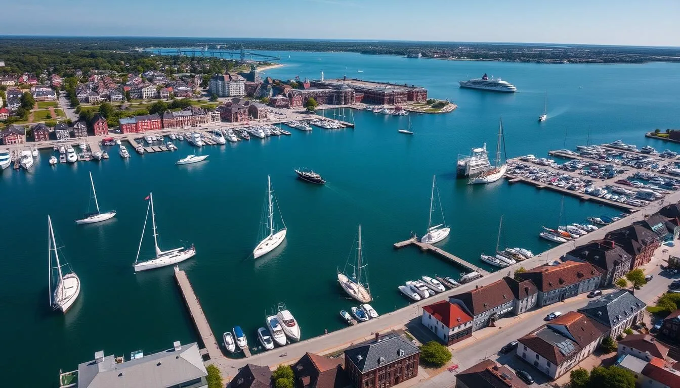 Aerial view of Newport, Rhode Island harbor with sailboats and historic waterfront
