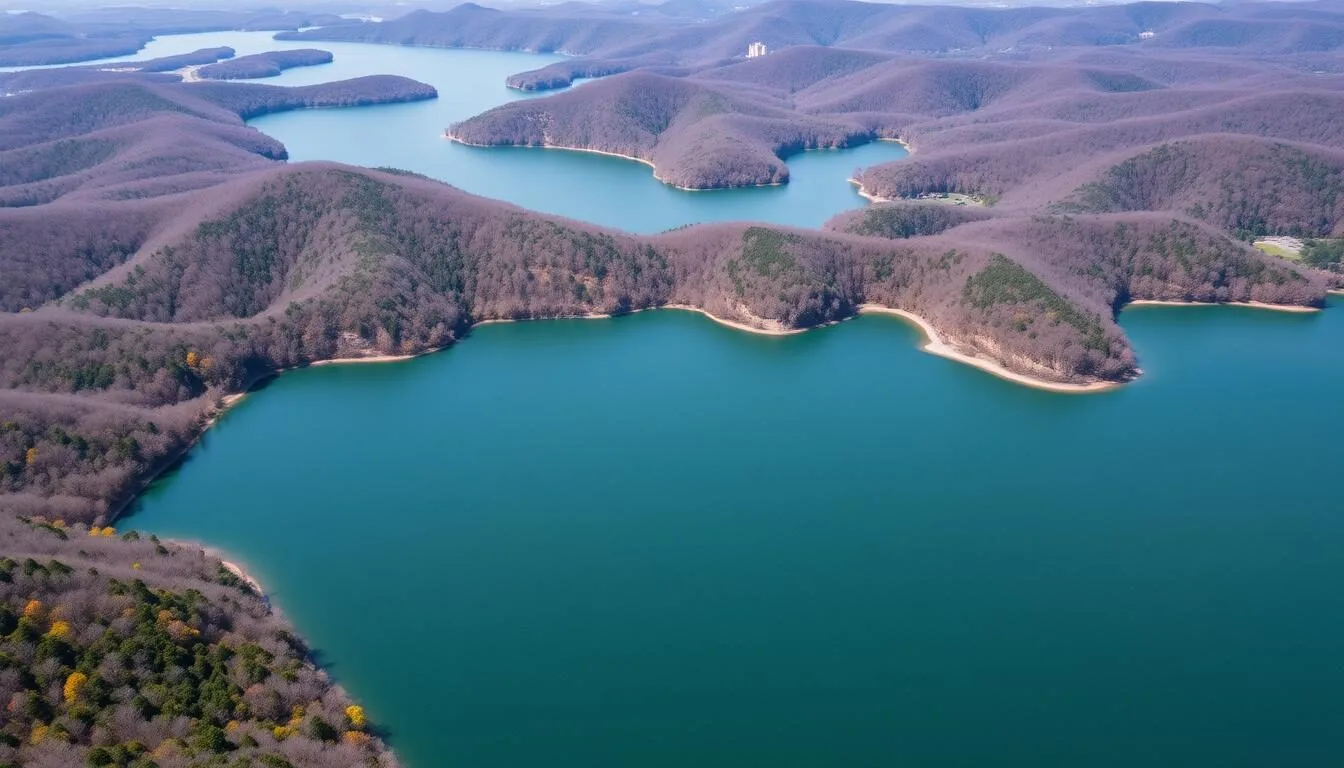 Aerial view of Norris Lake Tennessee showing the winding shoreline and clear blue waters