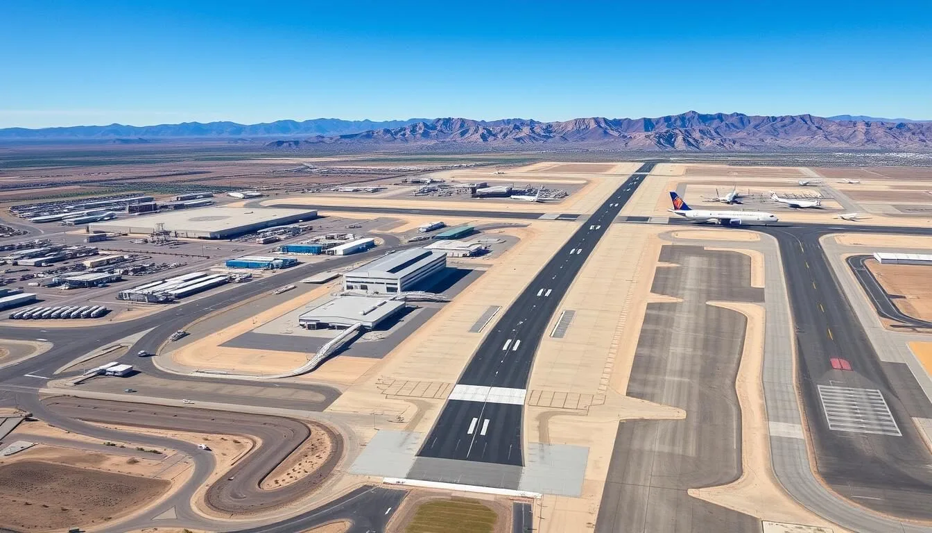 Aerial view of North Las Vegas Airport with mountains in the background