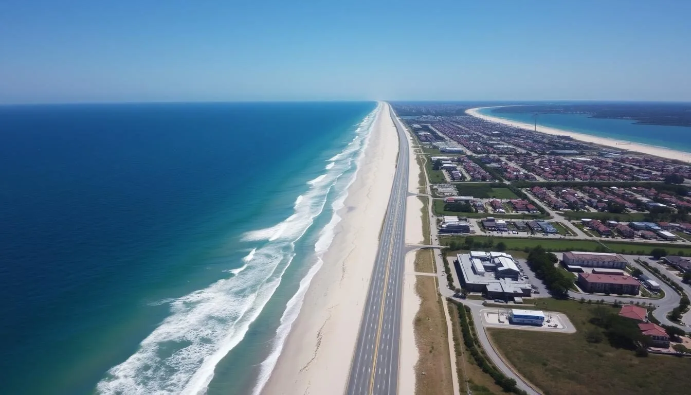 Aerial view of Ocean City Delaware coastline with highway approach