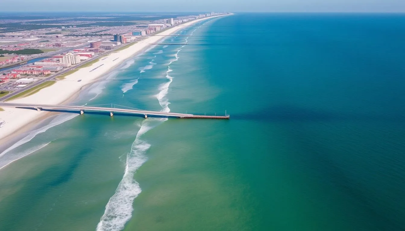 Aerial view of Ocean City, Maryland showing the coastline, boardwalk, and highway access