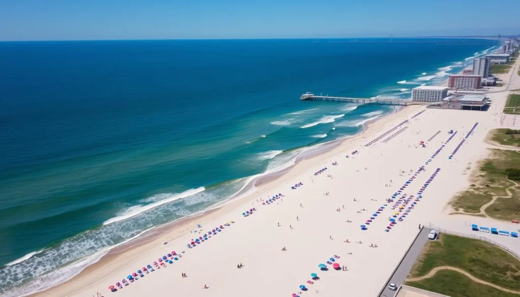Aerial view of Ocean City's expansive beaches with colorful umbrellas and beachgoers Aerial view of Ocean City's expansive beaches with colorful umbrellas and beachgoers