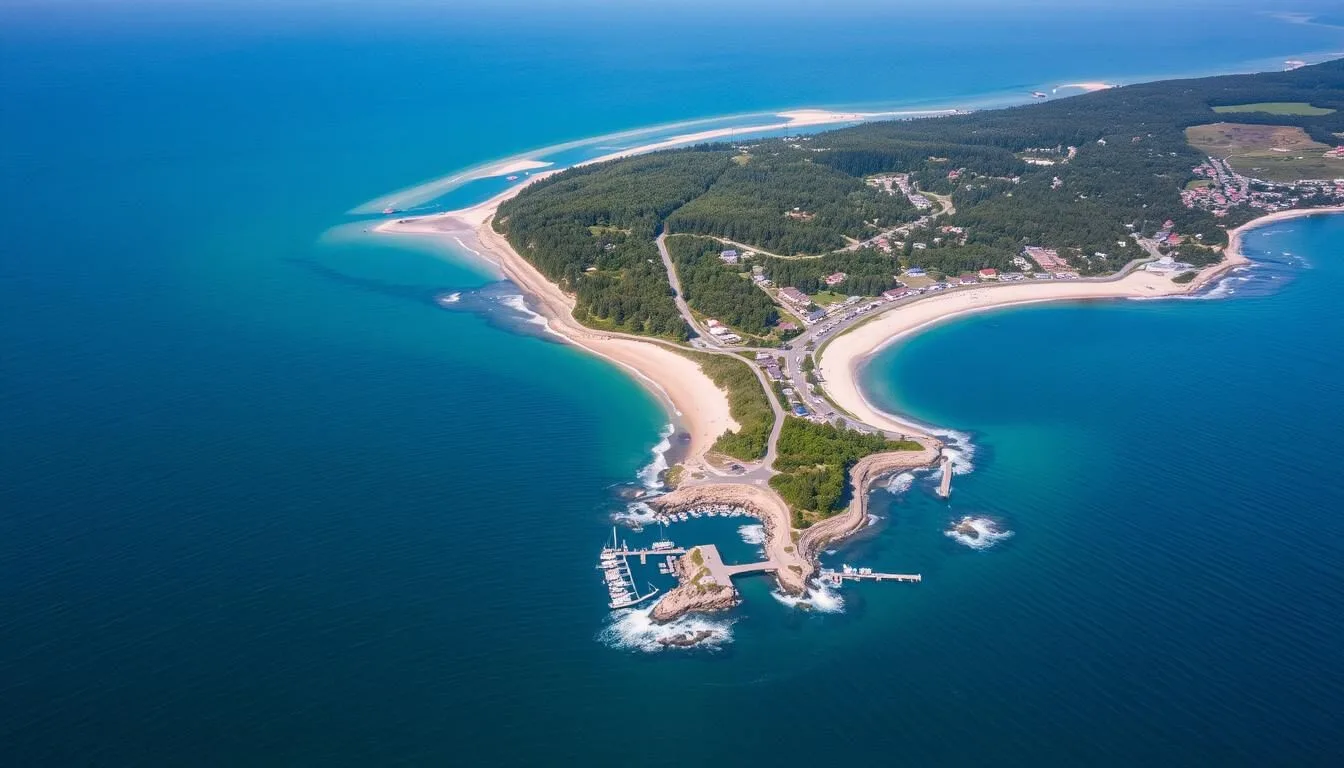 Aerial view of Ogunquit, Maine showing the beautiful coastline, beach, and village