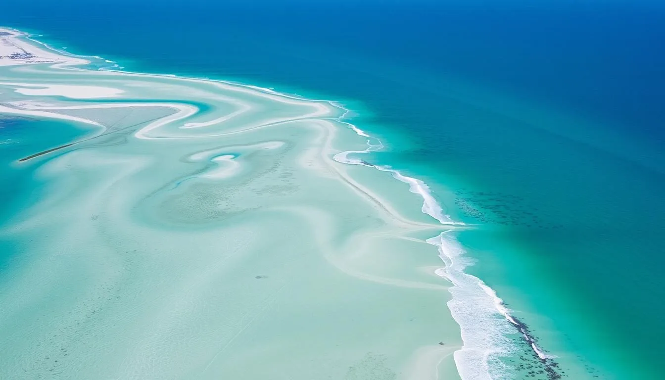 Aerial view of Okaloosa County's emerald waters and white sand beaches along the Florida Emerald Coast